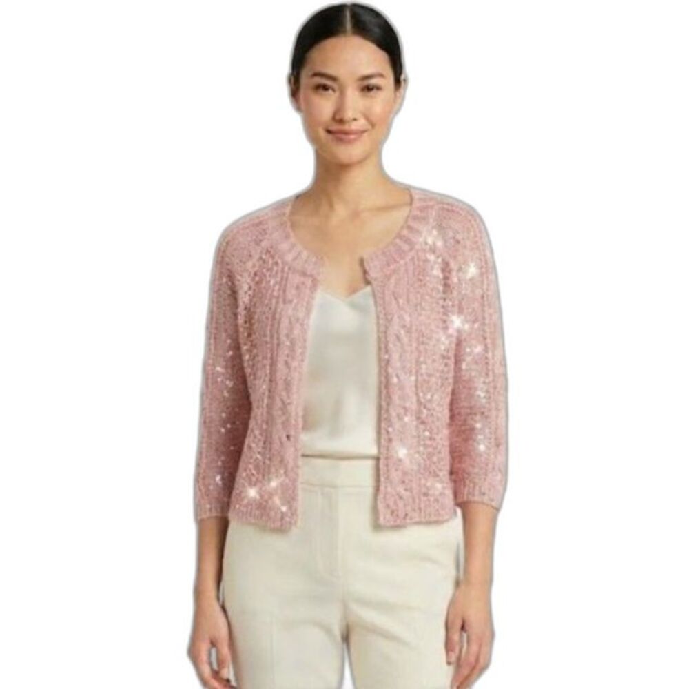 Fever Womens NWT Pink Hand Knit Sequin Accent 3/4 Sleeve Cropped Cardigan Size L